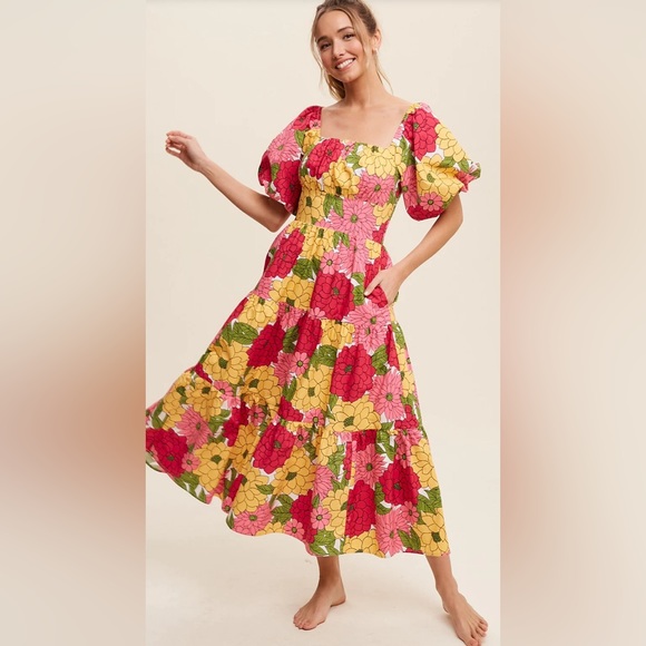 Listicle flower print puffed tiered midi dress - Picture 7 of 16